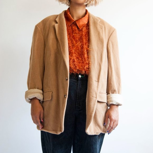 90s Mens Beige Camel Hair Blazer 46 XL Extra large / tan camel hair blazer / woo